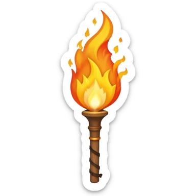 Indiana Jones-style flaming torch: worn wooden stick, bright orange flame, dark and realistic atmosphere. sticker