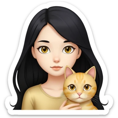 long black hair girl with black eyes with light gold cat sticker