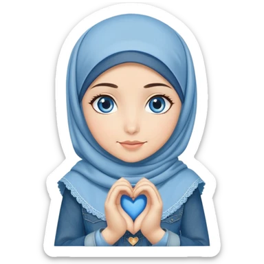 Turkish beautiful finish Konya girl blue eyes with denim hijab islamic dress and making heart with hands and with thank you text sticker