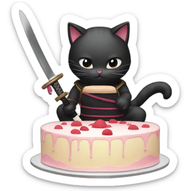 Ninja cat cuts cake with  katana sticker