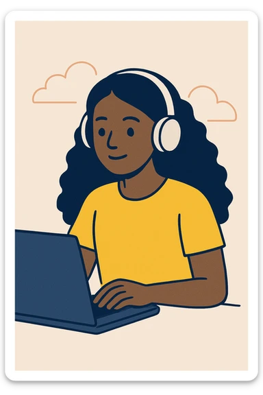 dark skin African American girl with long curly black hair, wearing a yellow shirt and headphones, typing at a laptop, modern illustration style sticker