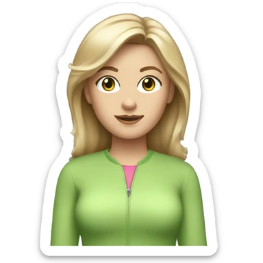 White woman dark blond hair  pink  full body jumpsuit with light green eyes sticker