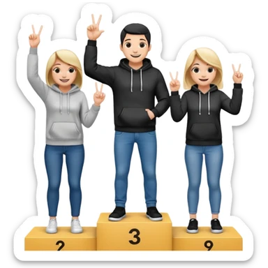 three people in jeans and hoodies on a winners podium, black and white, center step higher, no numbers, center person holding up one finger on each hand, cheerful expressive emoji style sticker