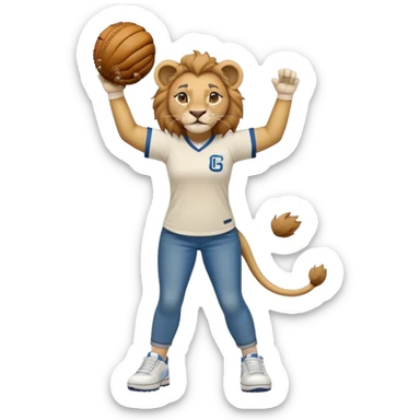 friendly anthropomorphised female lion wearing a baseball shirt, jeans, and trainers, lifting something up sticker