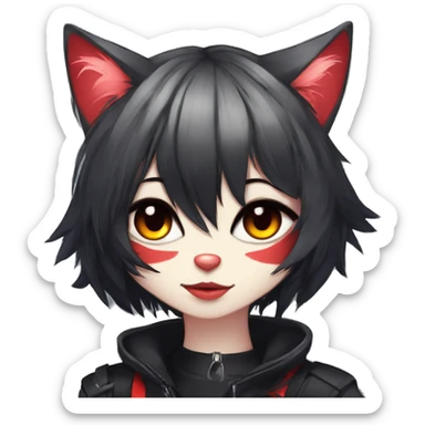 Anthro Edgy Cool Beautiful Black Cat-Fursona with Emo Hair-bangs with Red Streaks Chest Harness sticker