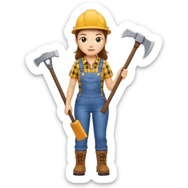 lumberjack woman holding axe yellow checked shirt and overall sticker