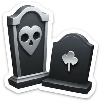 a black tombstone in silver RIP and a silver heart sticker