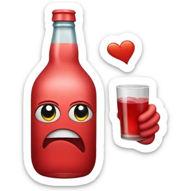 A red ❤️ emoji with eyes, a mouth, and hands, looking drunk, holding a bottle of drink, with a wobbly and tipsy expression sticker