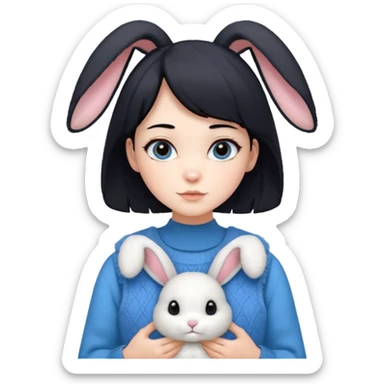make a girl hair short black and wear bunny skin pale ok and wear Sweater vests blue and make little bit a younger sticker