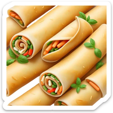 Cinematic Realistic Spring Rolls Dish Emoji, featuring golden, crispy rolls filled with fresh vegetables rendered with detailed textures and warm natural lighting. sticker