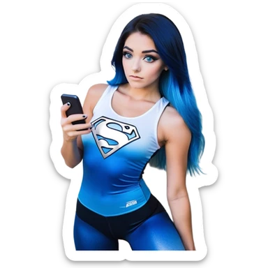 Shameful-head tilted-texting on phone-very very very large upper body-sexy face-bending forward at waist-very long very straight dark blue to light blue ombre hair-and-blue eyes-thick black eyeliner-thick long eyelashes-iridescent blue lowcut tanktop with black leggings with glitter superman logo sticker
