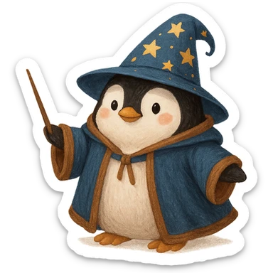 a chubby penguin in wizard robes, with a starry hat and a wand, whimsical style sticker