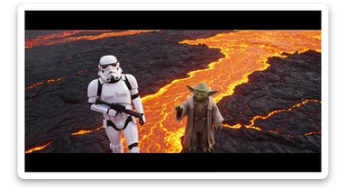Cinematic still, Shot on vlog camera, Starwars stormtroopers vlogging , he is walking on lava planet with yoda sticker