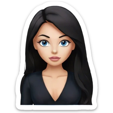 Glamours make-up, tanned, beautiful, girl, with blue eyes, big pump peach-beige-rose lips, eyeliner, long lashes, black straight smooth silky long hair, parting hair in the middle,  in black v-neck bodysuit long sleeves sticker