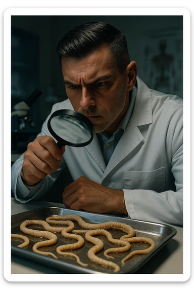 A middle-aged male kinesiologist wearing a pristine white lab coat, intensely analyzing long, beige tapeworms (like Taenia) under a magnifying glass. His expression is focused and slightly concerned, with dramatic studio lighting casting sharp shadows. The parasites are highly detailed, moist, and textured, stretched across a sterile metal tray. The background is blurred but suggests a clinical environment—hints of a microscope, medical charts, and clean lab equipment. The style is hyper-realistic, with a cinematic contrast between the bright white coat and the grotesque, organic forms of the parasites. No sci-fi elements, just raw medical realism with a disturbing edge sticker