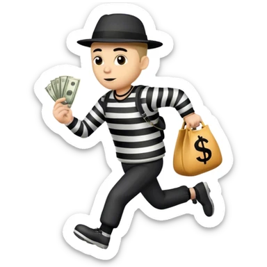 A robber in a striped outfit running facing to the right holding a money bag with a dollar written on it. He is wearing a black robbers hat and has black trousers on. sticker