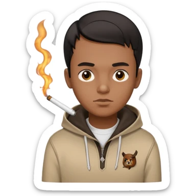 Brown boy with neat black combover hairstyle smoking and wearing Burberry polo hoodie sticker