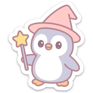 a penguin dressed as a wizard, with a pointed hat and a magic staff, in a fun and whimsical style sticker