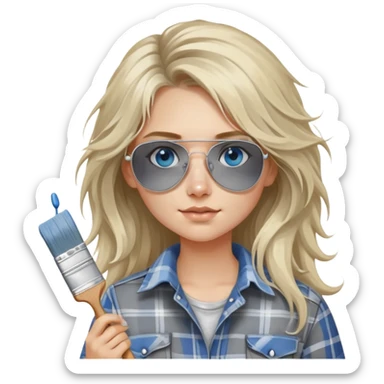girl with long blond messy hair, "white paint on her face" wearing grey plaid shirt with blue eyes and aviator sunglasses wearing a ring on her silver necklace, holding a paint brush roller sticker