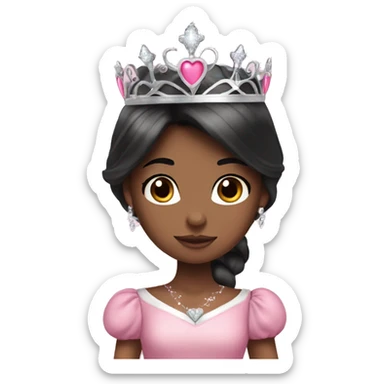 Princess girl long black hair with bang with silver pink heart tiara and pink dress sticker