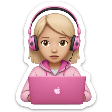a girl with a pink laptop with headphones, color outline icon style, looking sad sticker
