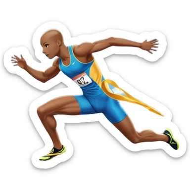 An icon featuring a combination of athletic disciplines: a sprinter dashing down the track, a high jumper clearing the bar, a javelin thrower in action, and a long jumper mid-air. The background shows a vibrant stadium with cheering crowds, bright lights, and a clear sky. sticker