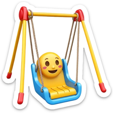 iOS-style 3D emoji: a colorful plastic swing with a safety bar in front, hanging from two ropes, glossy surface and soft shadows sticker