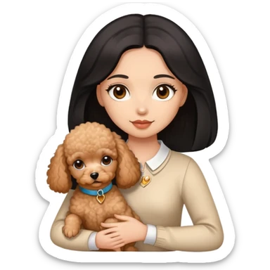 woman with  brown light skin black straight hair and brown  eyes is holding a apricotpoodle puppy sticker