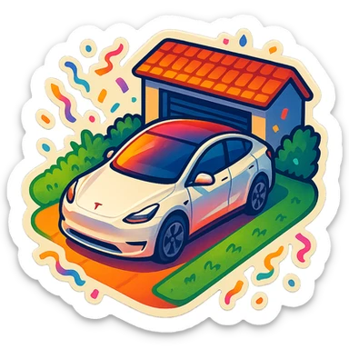 A Tesla Model Y parking in a home driveway with grass on the sides, from above, with confetti sticker