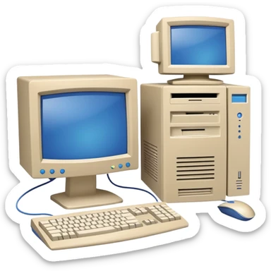 Early 2000s desktop computer, beige plastic casing, CRT monitor with blue screen, tower CPU with CD drive, separate wired keyboard and mouse, simple tech setup sticker