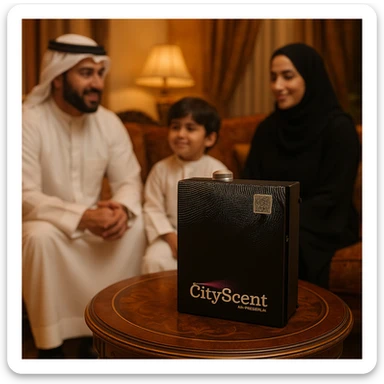 Create a vertical (portrait, 9:16 aspect ratio) Instagram Story–style image showing the CityScent air freshener machine on a table in a luxurious home interior. Include a family in traditional Arabic clothing relaxing and enjoying the scent. The style should be realistic, elegant, and visually engaging for social media. sticker