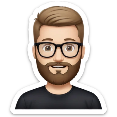 Fair-skinned man with full beard, short hair styled upward, large black-framed glasses, smiling, wearing black athletic fabric shirt sticker