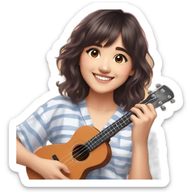 Shirley Setia shoulder length hair front looking smiling wearing pyjama playing ukulele  sticker
