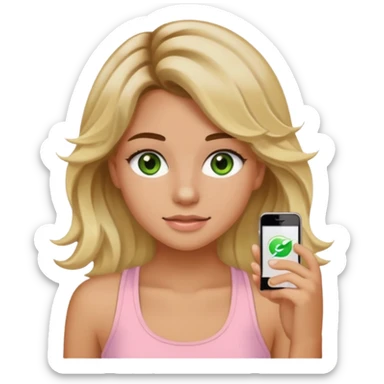 ca you make her hair a 20-year-old girl with long wavy hair brown roots blonde highlights green eyes brown eyebrows good summer tan iPhone emoji style with light pink tank top can you make her hair a little longer please sticker