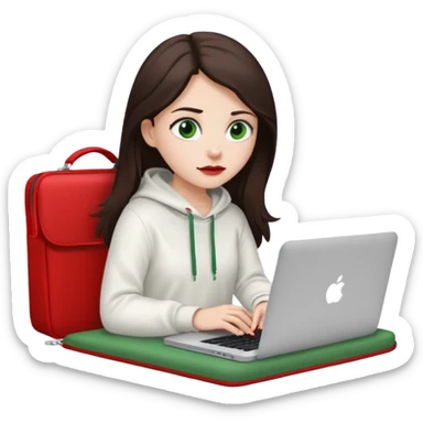 Long dark brown haired, white skinned, dark green eyed girl in white clothes girl sitting in macbook with a red case and watching to macbook sticker