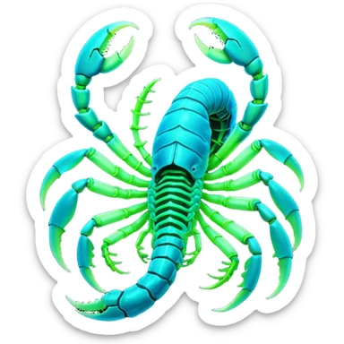 3D render of Radioactive Scorpion, bioluminescent deep sea style, glowing neon blue and green lights, dark background to contrast the glow, translucent organic textures. sticker