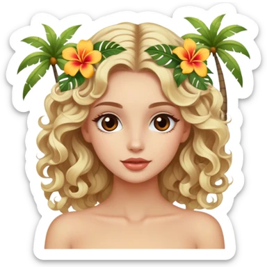 Luxury blonde model, brown eyes, soft curls, island vacation, tropical hair flowers sticker