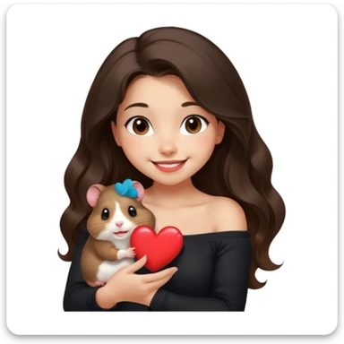clean modern emoji of a young woman with medium skin, long wavy dark brown hair, black off-shoulder top, soft friendly smile, expressive warm eyes, pet hamster perched on her shoulder winking and holding a tiny red heart, cheerful charming confident style, subtle gradient background sticker
