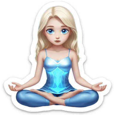 Cinematic girl with large sparkling blue eyes sitting cross legged, Ultra realistic 32k HD, hauntingly beautiful, Balanced features, highly detailed, glowing, high shine, enchanting, ghostly, dreamy glow, complex pose. The image is so lifelike it could leap off the canvas at any moment sticker
