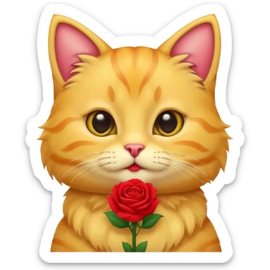 Cute emoji-style yellow tabby cat holding a red rose in its mouth, big round eyes, fluffy fur, clean mascot style, centered, transparent background, 1:1 ratio. sticker