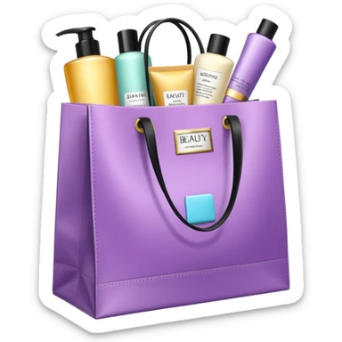 Gift bag with beauty products (shampoo, creams, styling products), a gift bag is beautyful open box full of luxury brand-labeled beauty products sticker