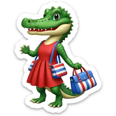 smiling crocodile in a red dress, blue boots, carrying a striped bag sticker