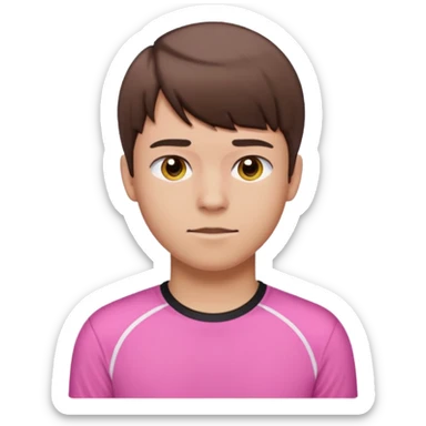 realistic apple emoji style portrait of a young man with short brown hair, straight bangs, wearing a pink sports shirt sticker
