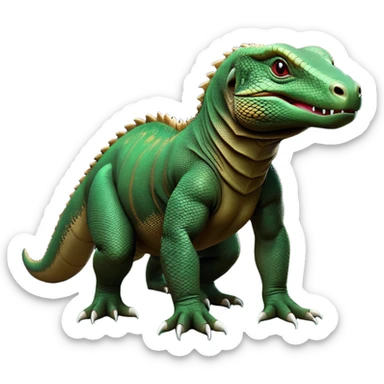cinematic-komodo-dragon-realistic-full-body-on all fours-emoji,-massive-scaled-body-poised-with-quiet-power,-rough-textured-skin-dark-green-and-brown,-head-tilted-dramatically,-long-forked-tongue-flicking-out,-simplified-yet-realistic-focused-features,-highly-detailed,-glowing-with-an-almost-sarcastic-glow sticker
