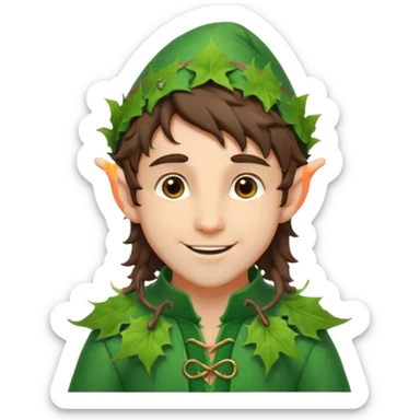 handsome elf with messy brunette hair wearing a leafy outfit and smile confidently sticker