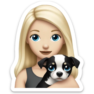 Blonde haired white girl with blue eyes holding a black and white Chihuahua ￼ sticker