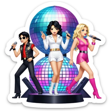 Pop music icon: vibrant stage with bright lights, microphone, synthesizer, disco ball. Collage of famous pop artists—Michael Jackson, Madonna, Britney Spears, and Taylor Swift—symbolizing iconic eras. Energetic and dynamic. Transparent background. sticker