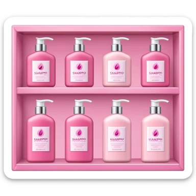 products on a shelf, there are Shampoo bottle, color tube, and conditioner on a pink shelf, the products are luxury brand-labeled and have nice packaging sticker