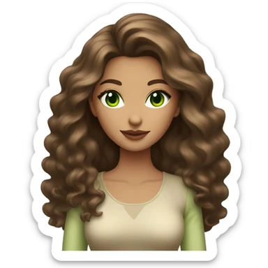 woman long medium brown wavy voluminous hair with green eyes beige skin and hot outfit sticker