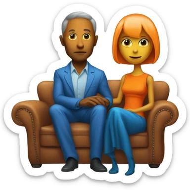 alien reptilian woman in orange dress and humman man in blue, sitting on a couch  sticker